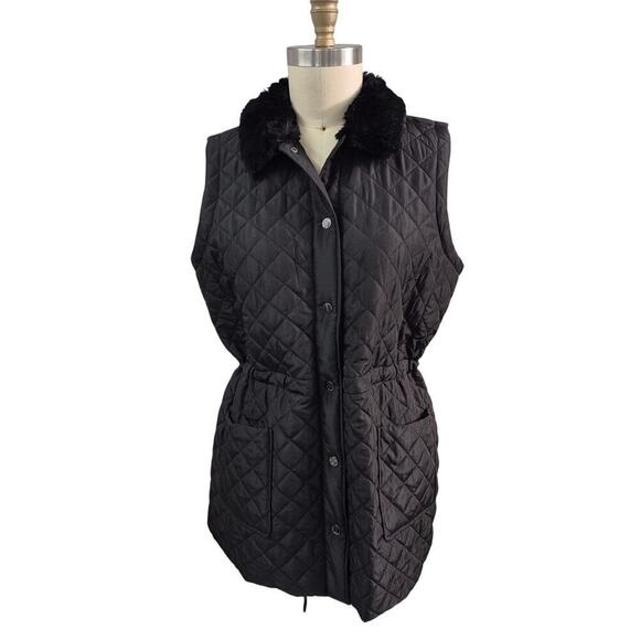 Jones New York Signature Black Women's Faux-Fur Collar Quilted Long Vest L NWOT - Picture 4 of 7